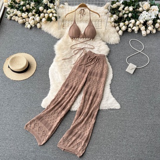 Straight Loose High Waist Slimmer Look All-Match Mopping Wide-Leg Trousers Lace-Up Halter Short Top Two-Piece Hot Gir
