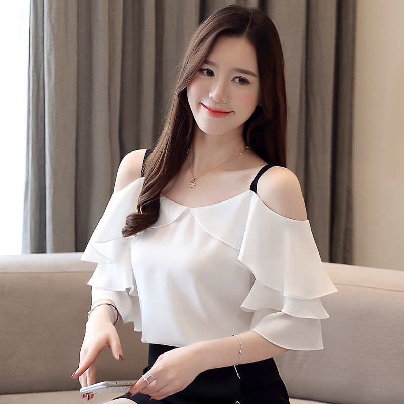 Women White Elegant Ruffle Off Shoulder Tops Chiffon Casual Blouses | Shopee