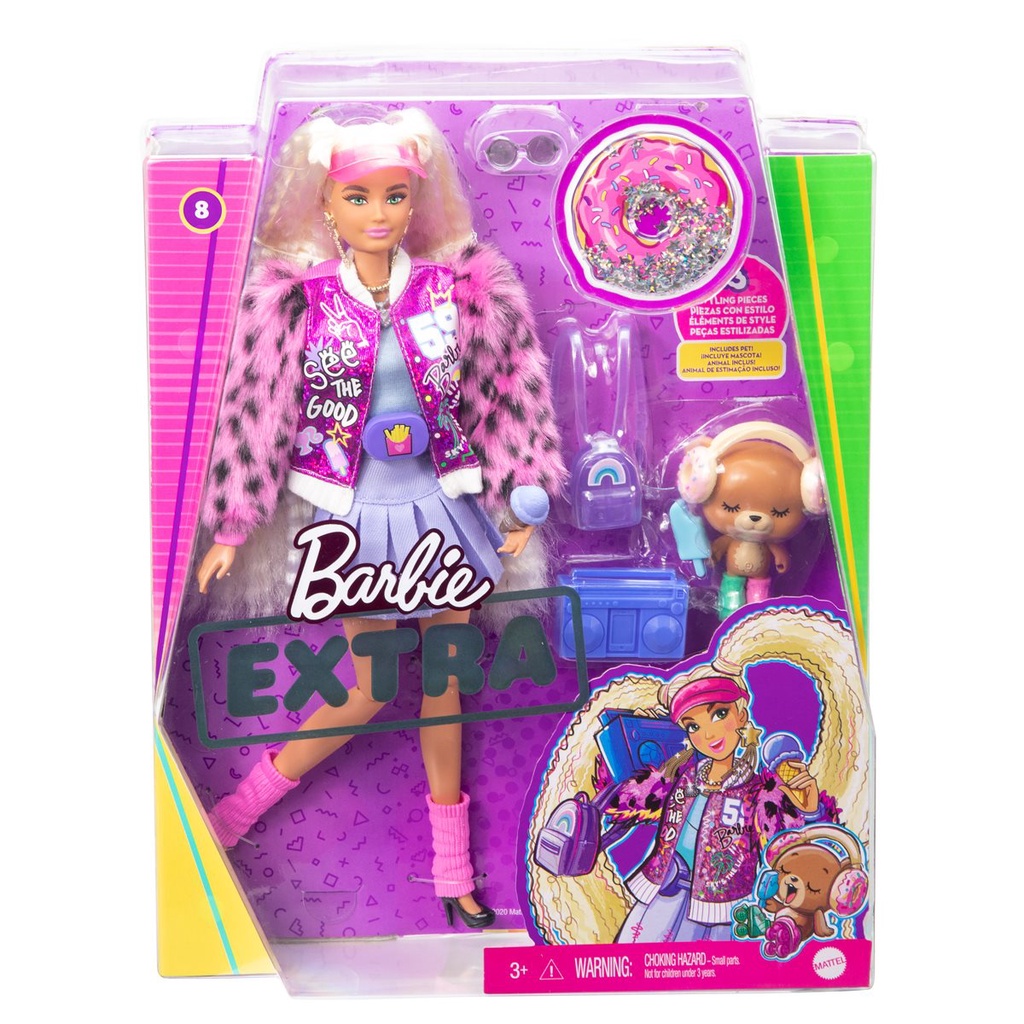 Barbie Extra Doll in Varsity Jacket with Furry Arms and Pet Teddy Bear