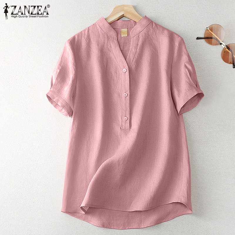 Zanzea Women Short Sleeve Summer Casual Work Solid Color V Neck Blouses