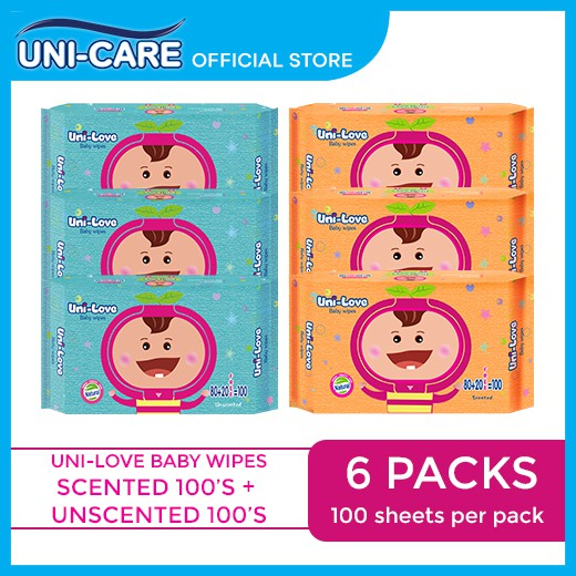 UniLove Baby Wipes 100's Combo (Powder Scent and Unscented) Pack of 6 ...