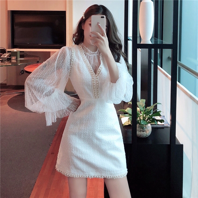 white puff long sleeve dress