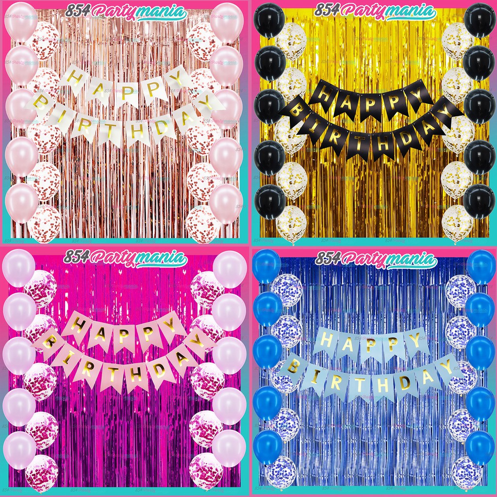 Happy Birthday party complete set Foil Curtain with balloons Confetti ...