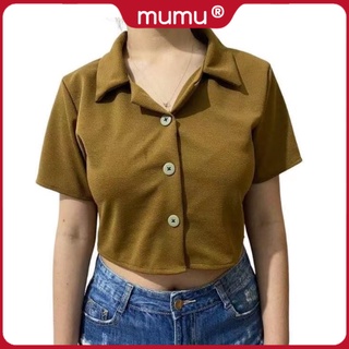 Mumu #GABBY Trendy Korean Inspired Collar Plain BUTTON DOWN Polo Shirt Hanging Crop top Blouse
