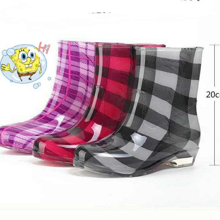 red plaid rain boots