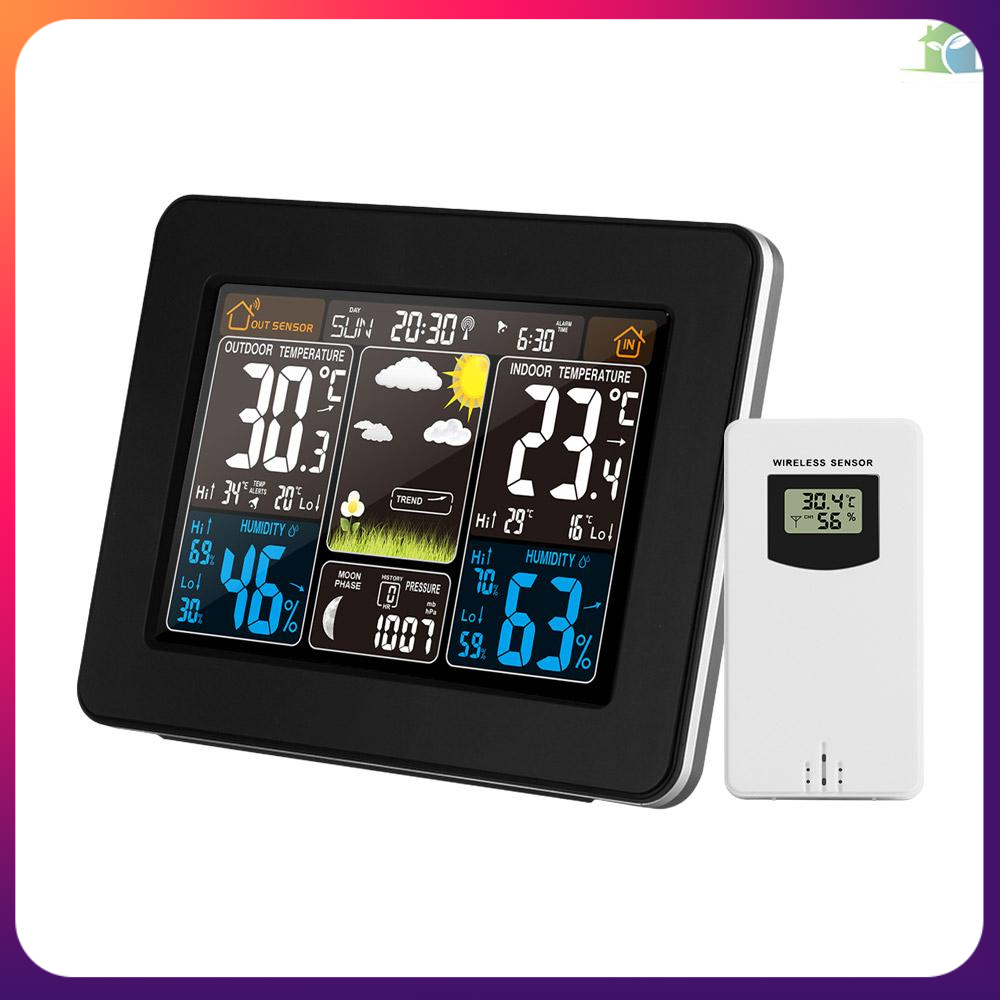 Lowest priceColor Weather Station Indoor/Outdoor Wireless Temperature Humidity Barometer Thermometer Hygrometer Electronic Desk Table Clocks Weather Forecast with Outdoor Sensor