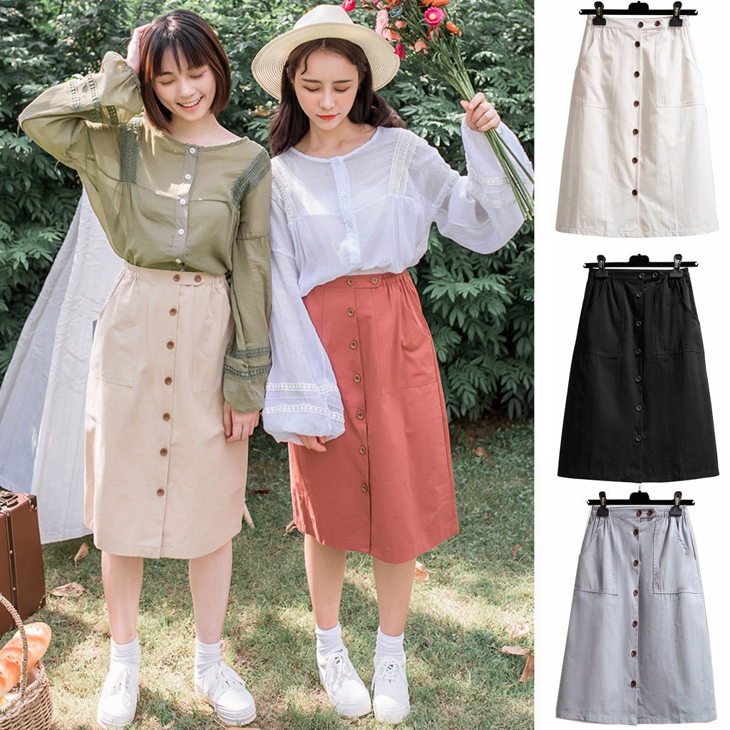 Korean Pocket High Waist Midi Skirt Summer Women Clothing | Shopee ...
