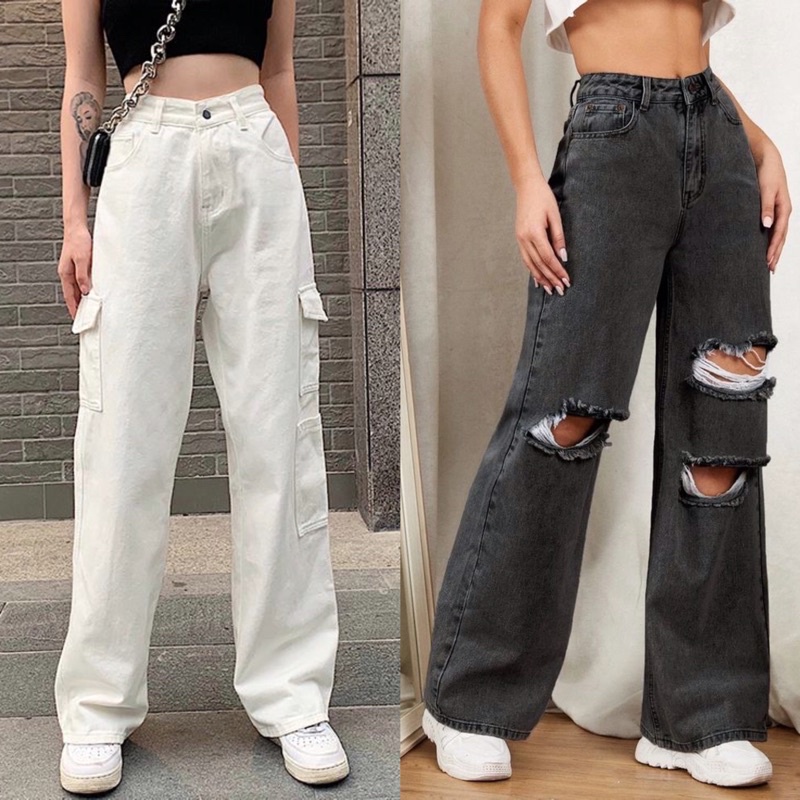 Dark/Black White Highwaist Denim Pants Wideleg Squarepants Baggy Jeans