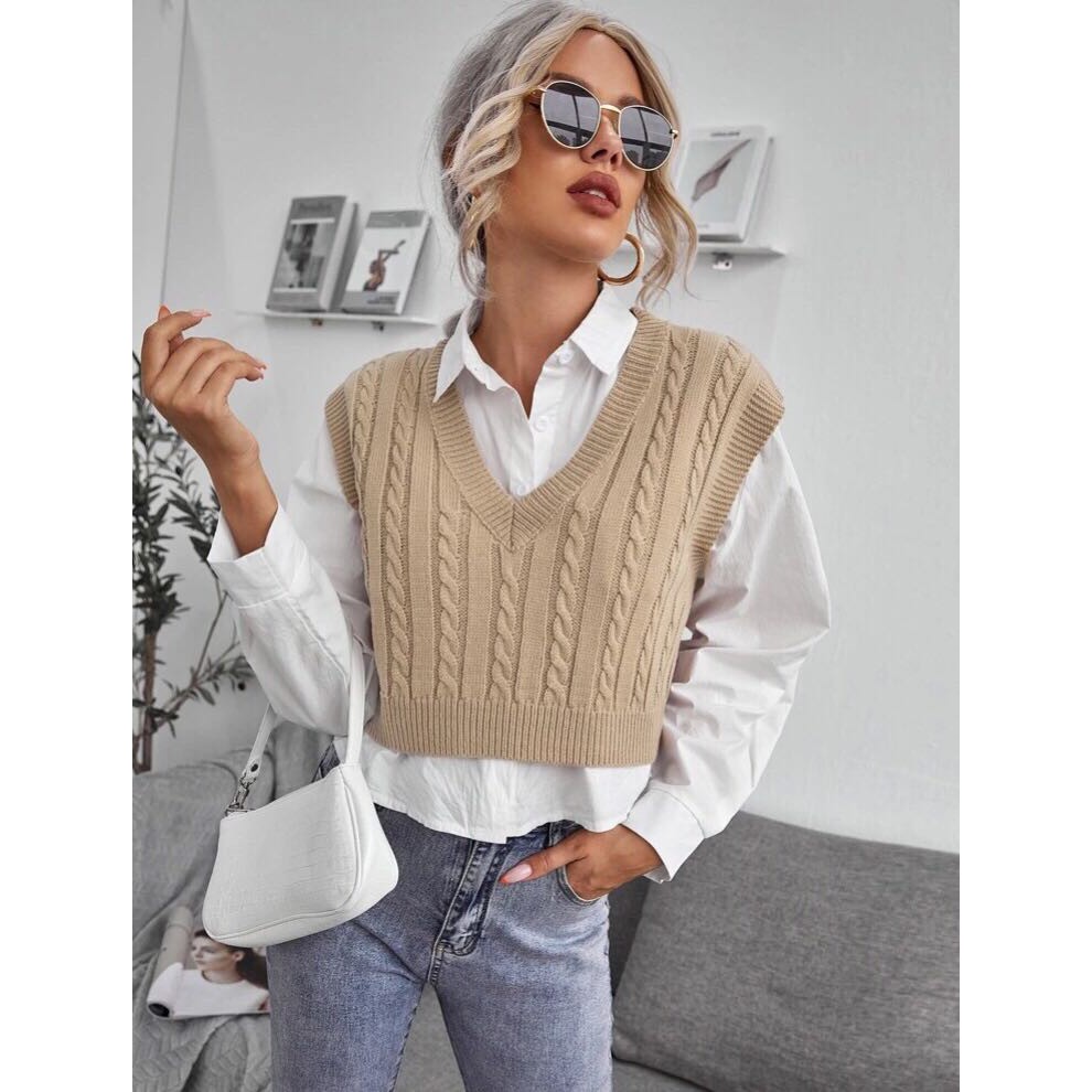SHEIN Cable Knit V-Neck Sweater Vest | Shopee Philippines