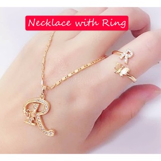 [Maii] 14K Butterfly Letter alphabet Initial Necklace with Ring Rosegold Plated Jewerly Set
