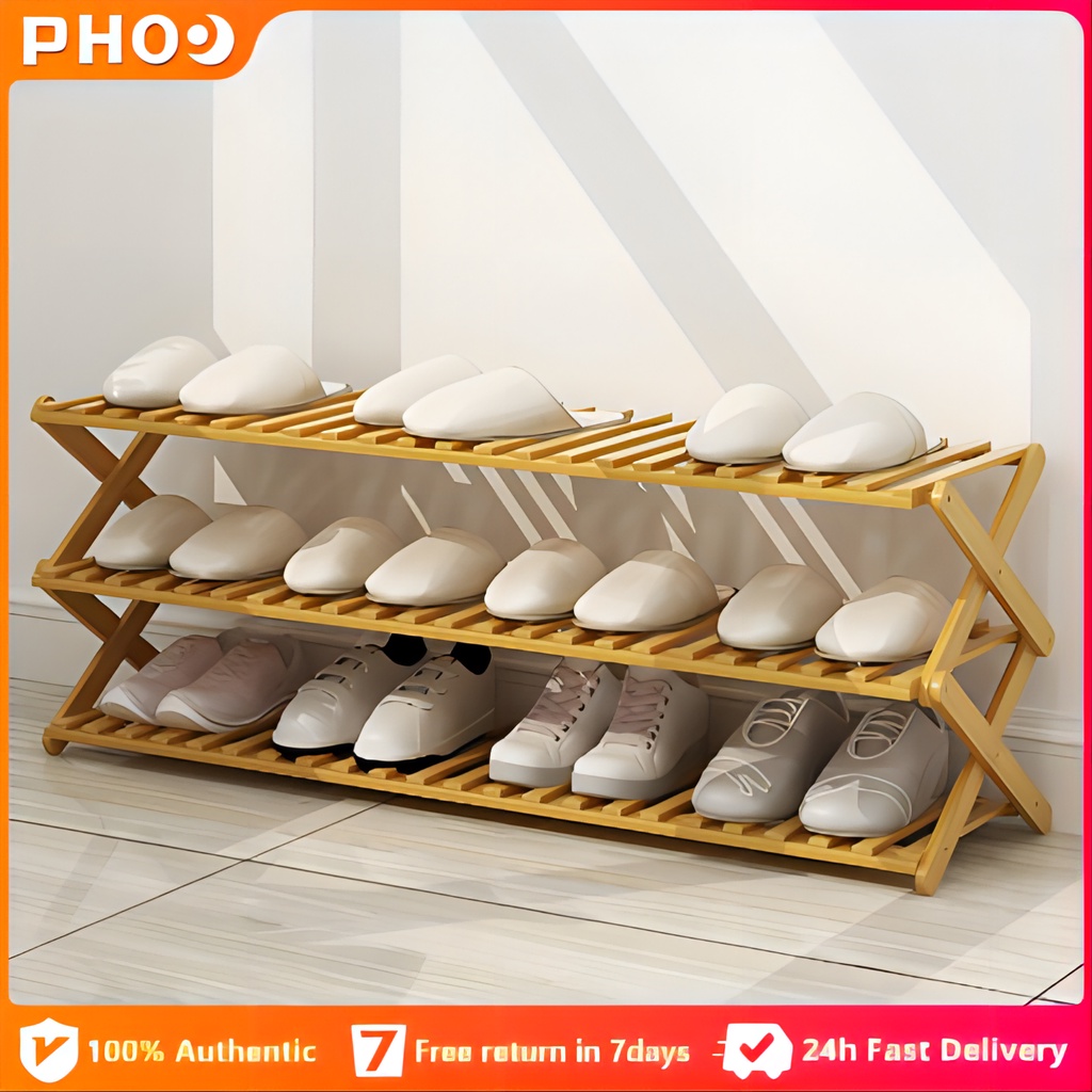 PHO Shoes Rack Wooden Foldable Portable 3/4/5/6 Layers Multifunctional