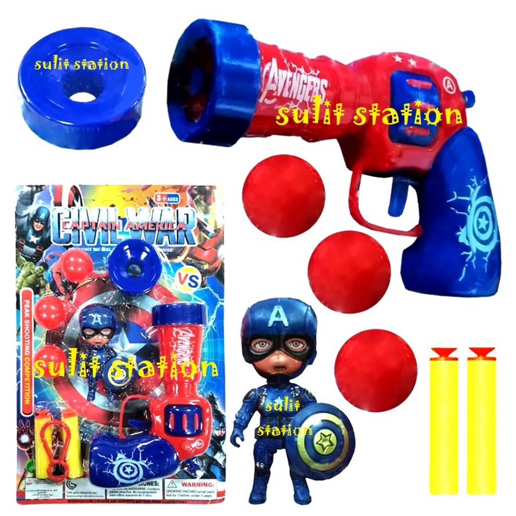 CIVIL WAR CAPTAIN AMERICA BLASTER TOY GUN with FIGURE BALLS SOFT NERF