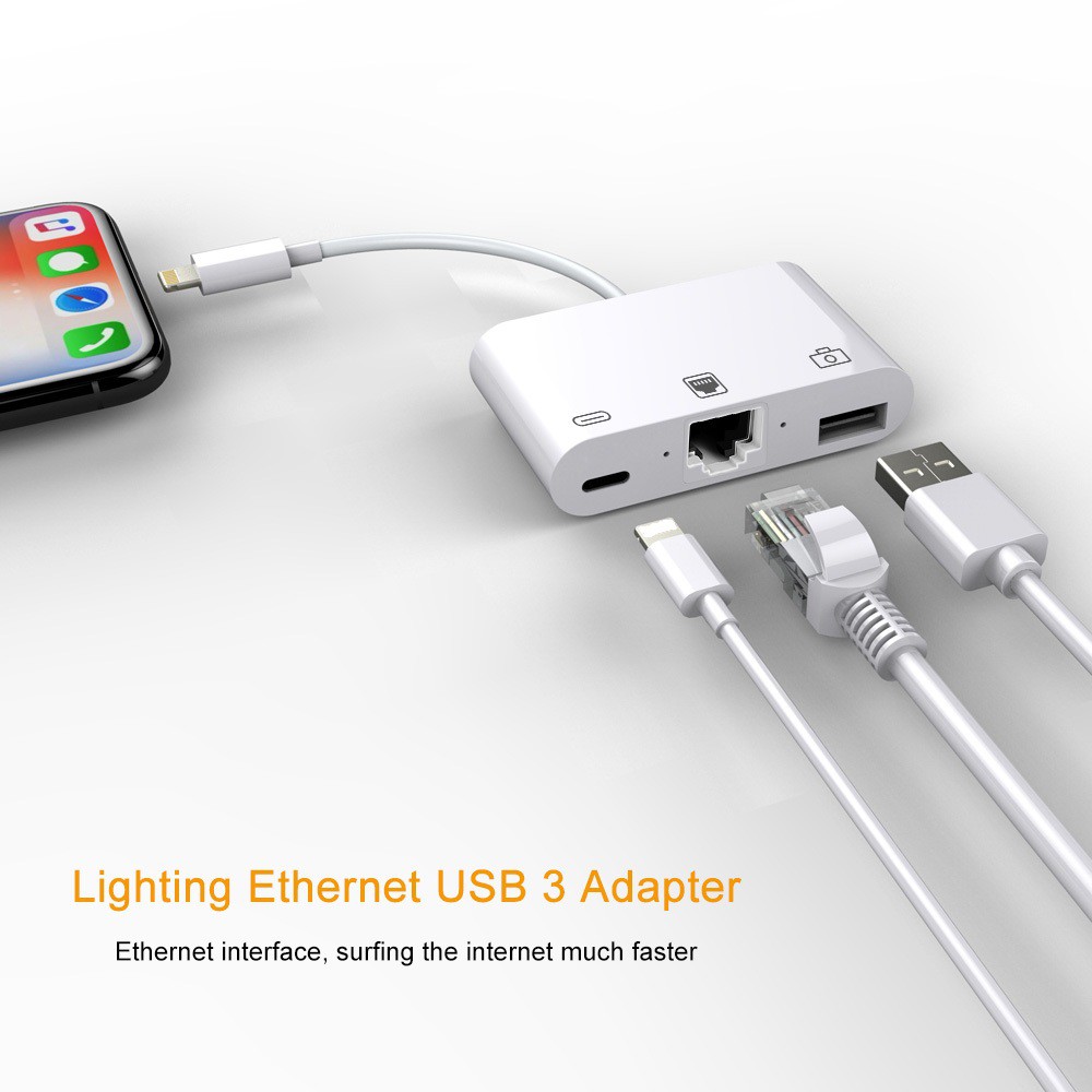 3 In 1 Lightning To Lightning Usb 3 0 Rj45 Ethernet Lan Port Otg Adapter For Iphone Ipad White Shopee Philippines