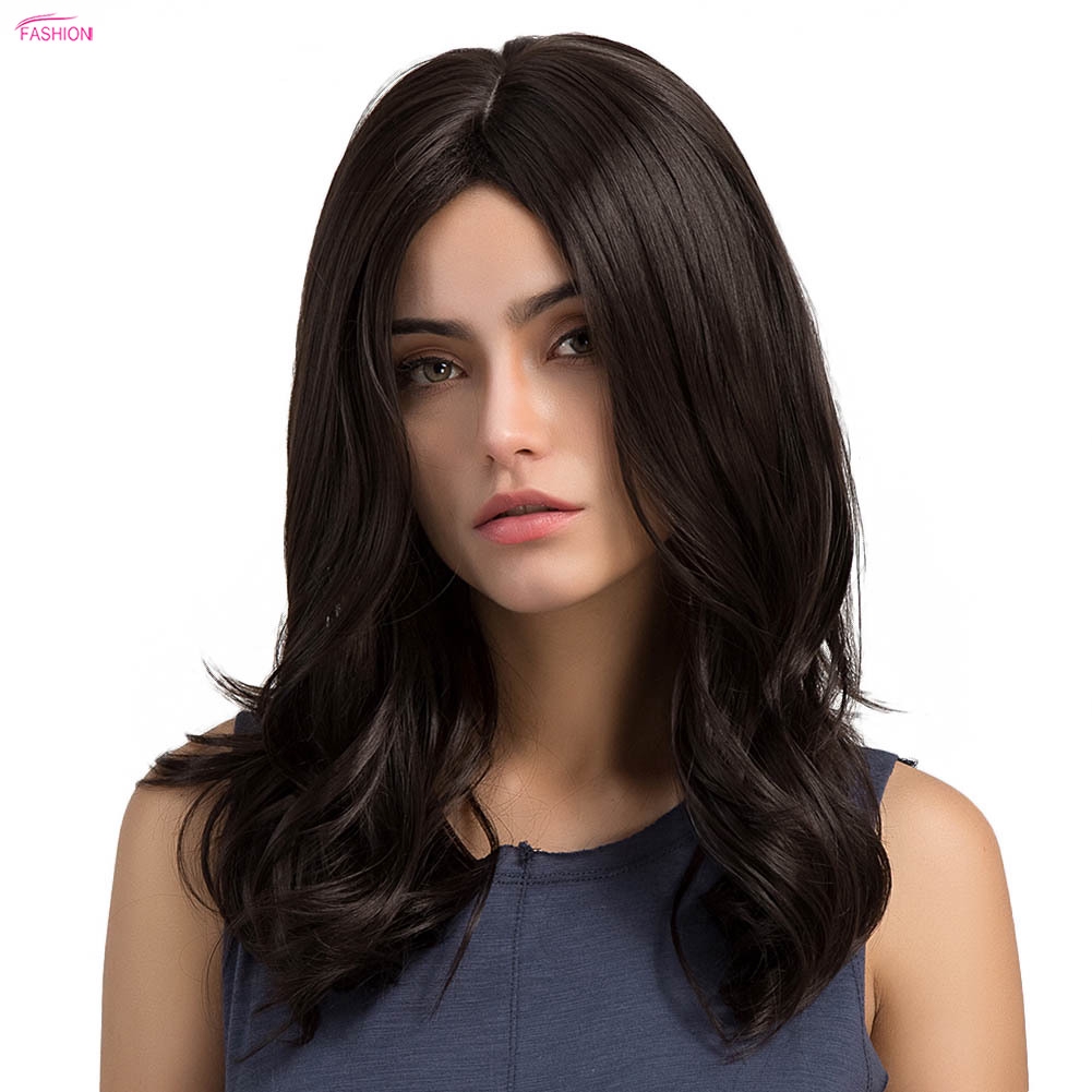 Women Sexy Medium Length Big Wavy Curly Wigs Central Parting Black