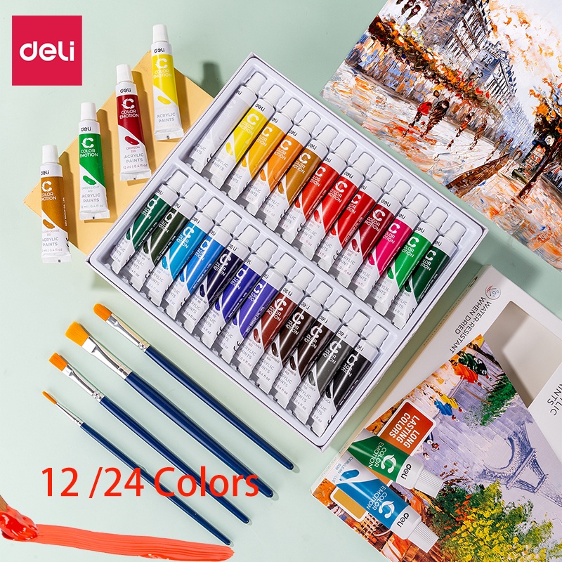 Deli 12 /24 Colors Acrylic Paint Tube Set Watercolor Pigment DIY Art ...