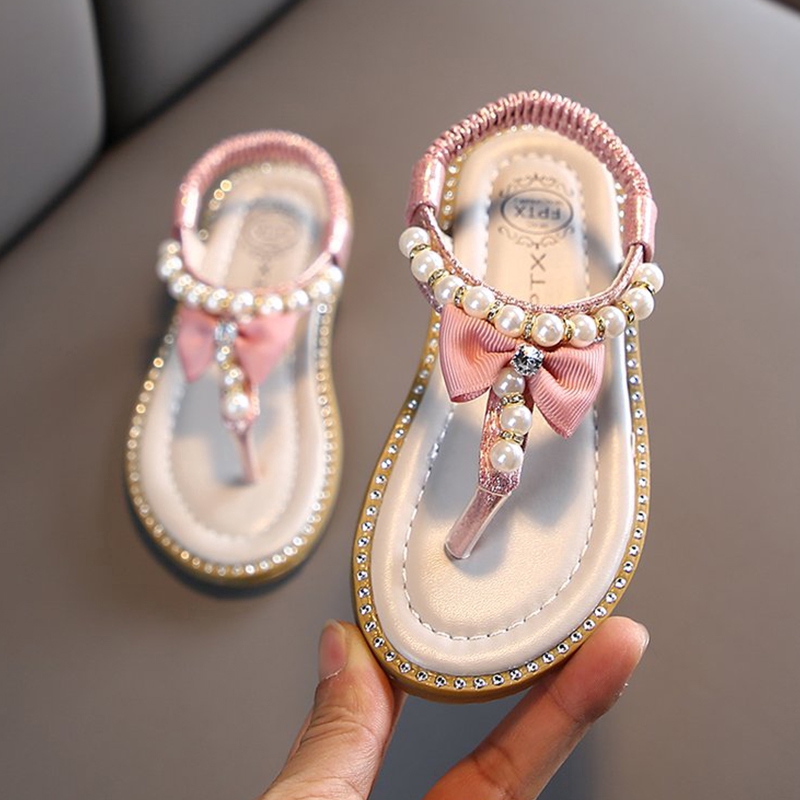 Summer Toddler Infant Kid Girl Bowknot Pearl Princess Thong Sandals Casual Shoes