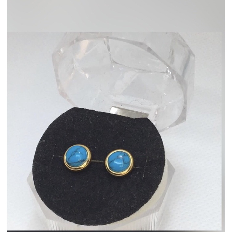 jem: 316L GoldTone Round Cut Turquoise Bezel Stud Earrings with Screw-Type Lock- 8mm