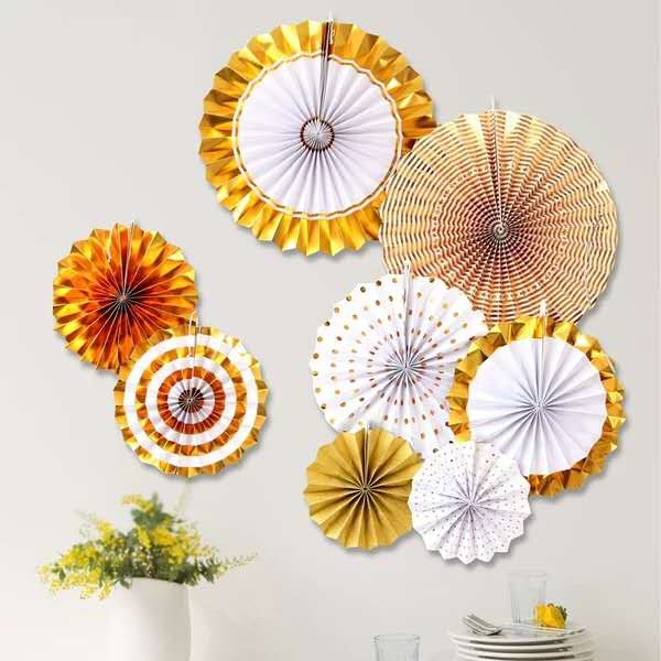 8 In 1 Ins Style Gold Colour Paper Fan Flower Decoration Birthday