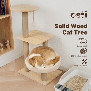 Osti Solid Wood Cat Tree Cat Tower Triple Jump Activity Center with Round Soft Mat & Scratching Post