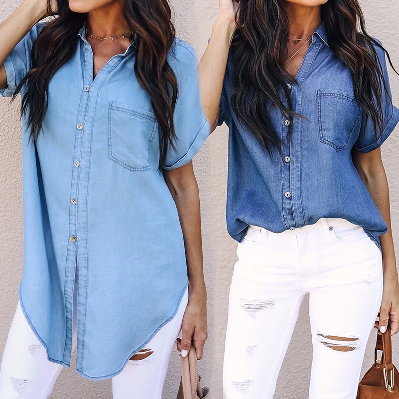 women's short sleeve denim tops