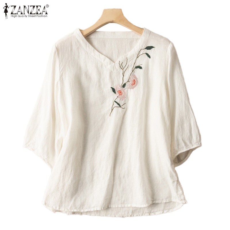 ZANZEA Women Casual Loose V Neck Embroidery Floral Cotton Blouse ...