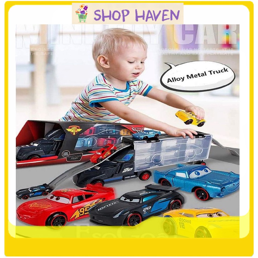 Toy Cars 3 Container Truck with 6 DieCast Mini Model Car Figures