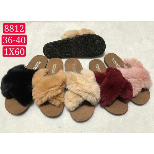 faux fur criss cross slippers