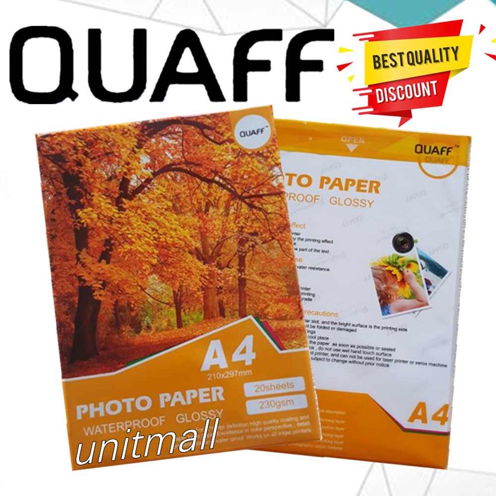 High Glossy Photo Paper Size A4 ( 230gsm ) 20 Sheets QUAFF Brand