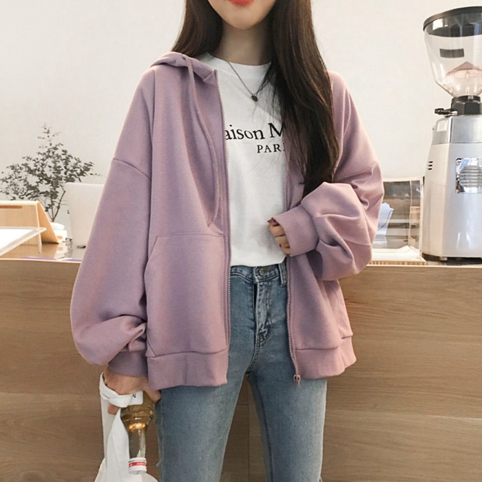 Women Korean Fashion Plain Hoodie Jacket Student Casual Long Sleeve ...