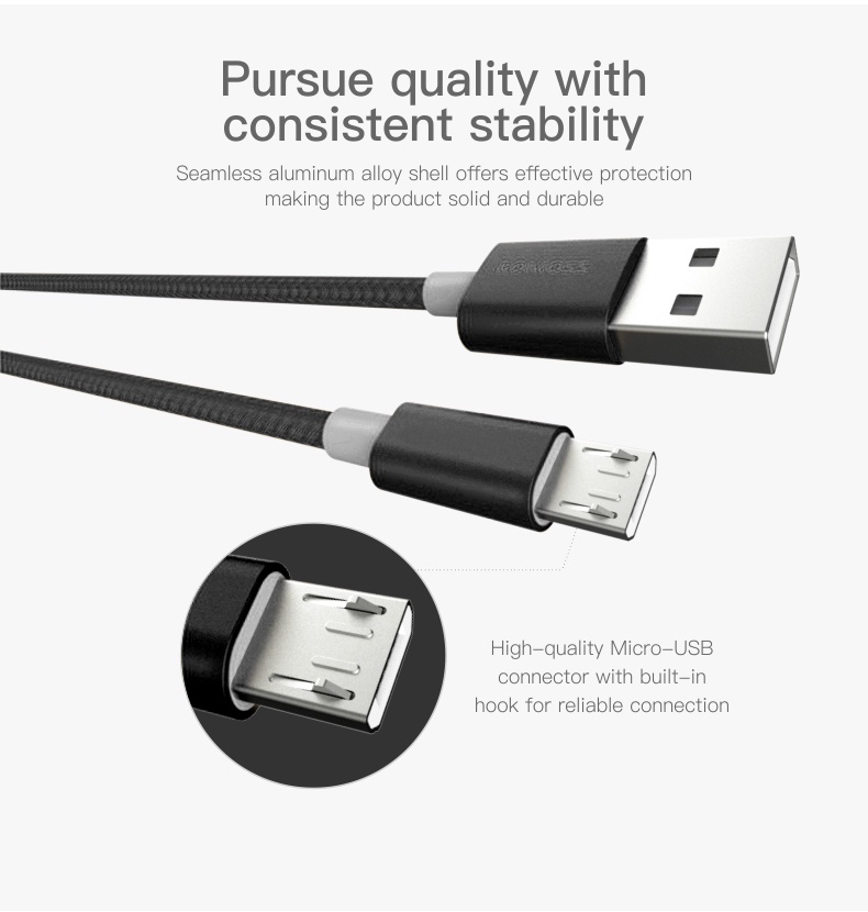 Romoss CB05 Nylon USB TO Micro Cable 2.1A/3A 1M Durable Nylon Braided ...