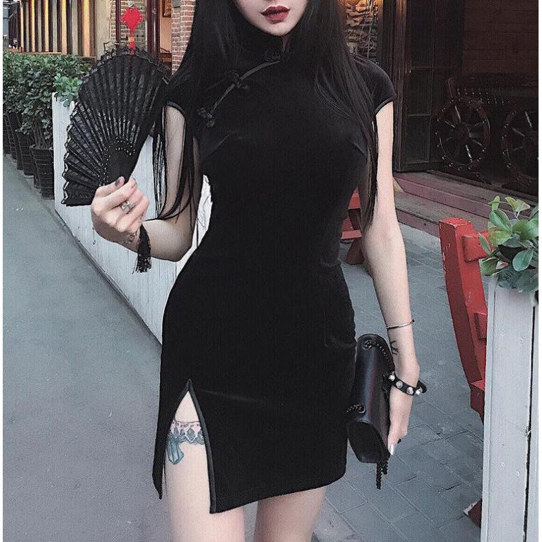 black cheongsam dress