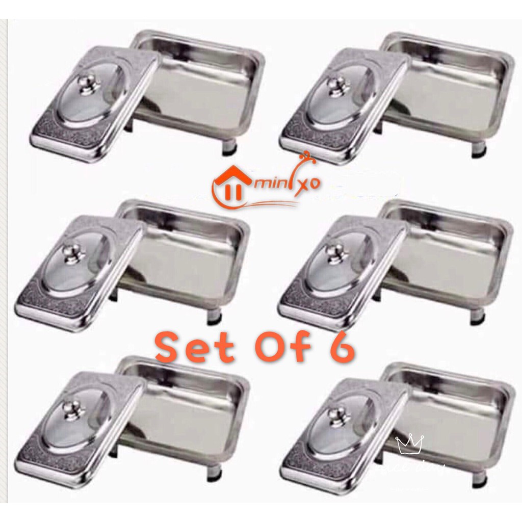 Set Of 6 Rectangular Stainless Food Warmer Tray With Pattern Design
