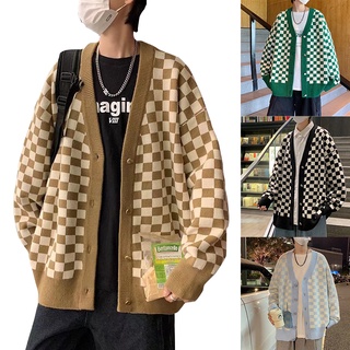 【Unisex】V Neck checkerboard knitted long sleeve cardigan for men Khaki  Vintage V Collar Sweater Korean Fashion sweater loose jacket knitwear