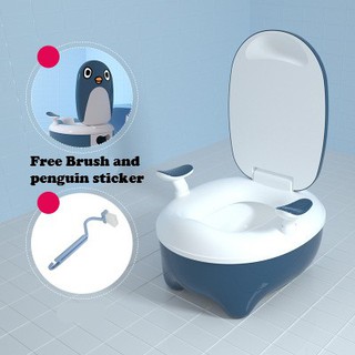 Children Toilet Training Potty Seat with Backrest and brush Anti-slip penguin design