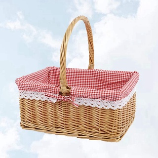 Picnic Basket Wicker Basket Shopping Basket Rectangle Red Liner Handle Gift Basket Bread Basket Vegetable Basket #8
