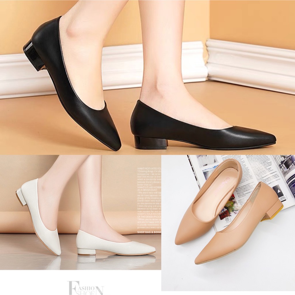Korean Women's Pointed Toe Black Office Work Block Heels Shoes | Shopee ...