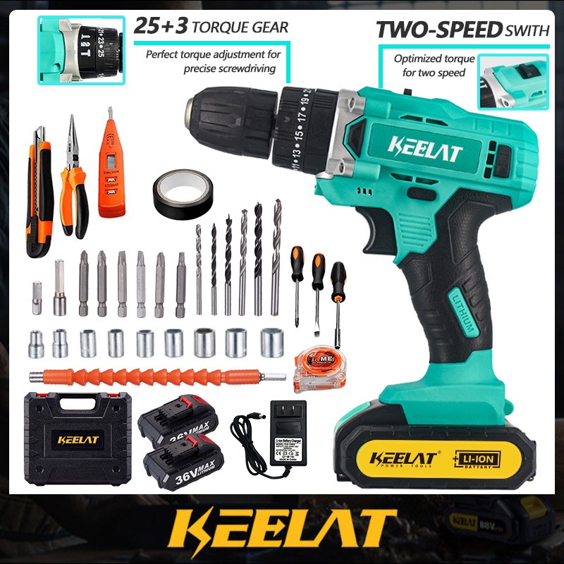 KEELAT Cordless Drill Battery Electric Screwdriver Drill Impact Drill ...