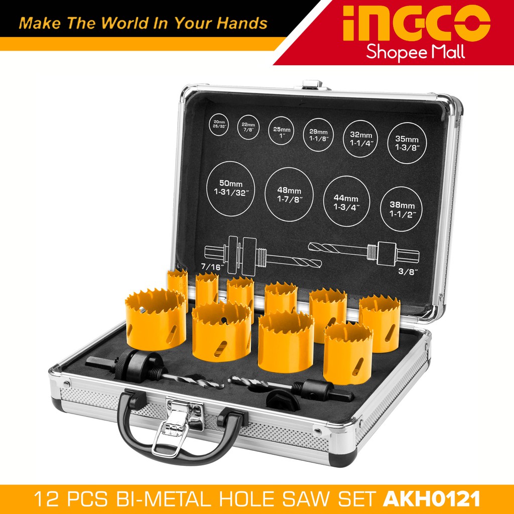 Ingco AKH0121 12pcs BiMetal Hole Saw Set with Case IHT Shopee