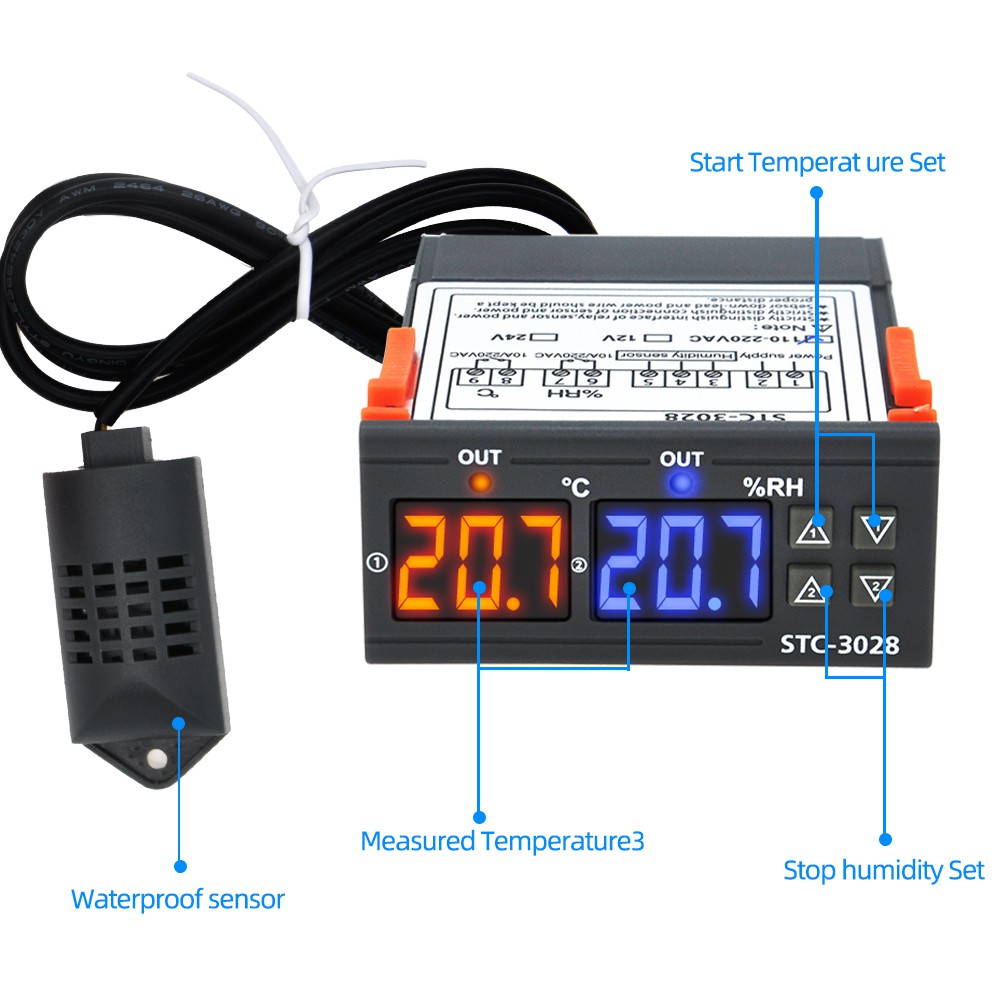 STC-3028 12V/24V/110-220V Dual LED Temperature Humidity Control Thermostat Probe