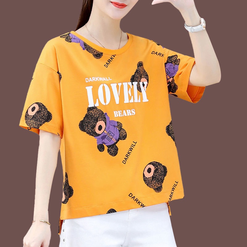 100 Cotton Summer New Loose Korean Style Split Half Sleeve Cartoon Bear Printed Top Ins Short Sleeve T Shirt For Women Shopee Philippines