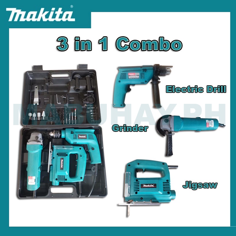 Makita 3 in 1 Angle Grinder and Impact Drill and JigSaw Set With