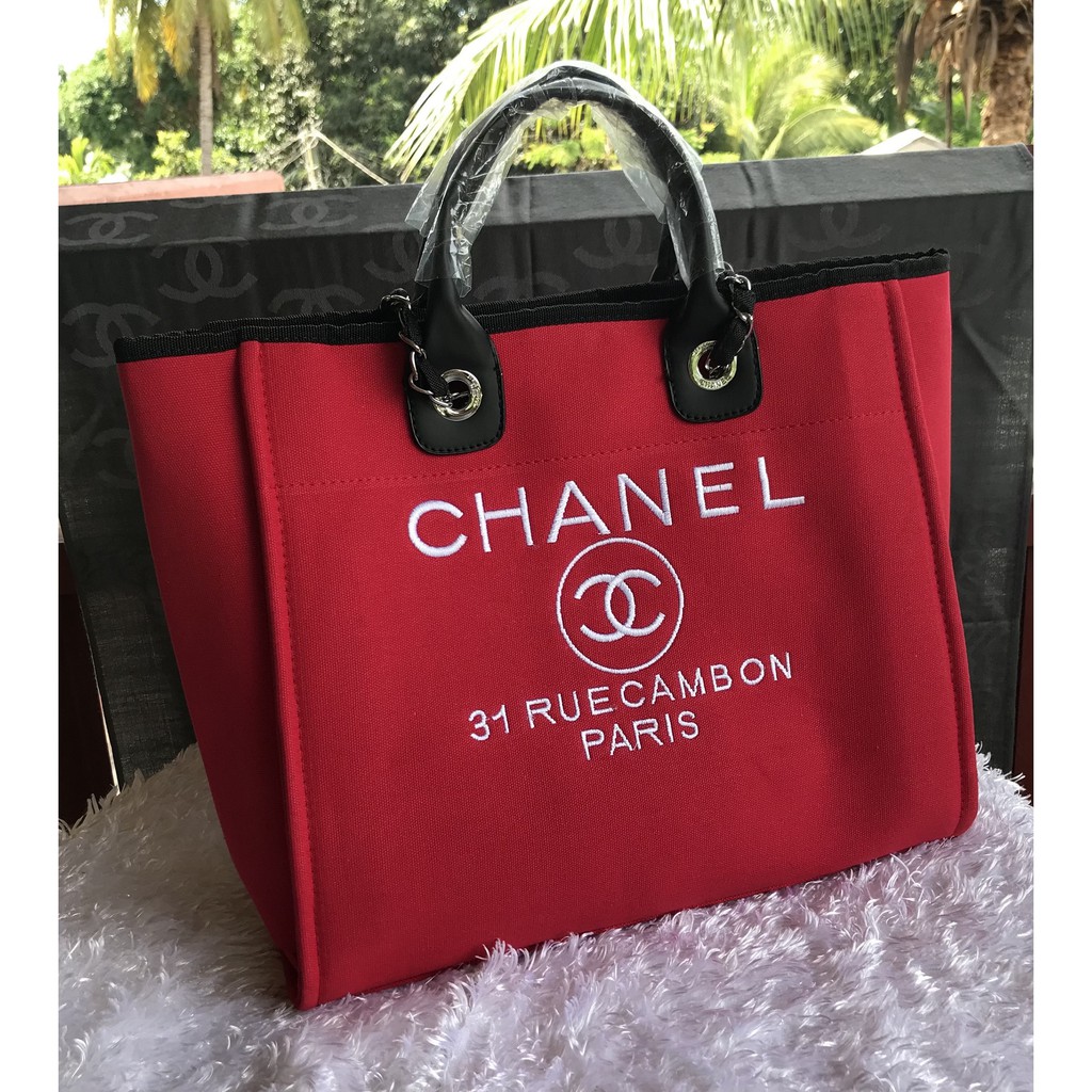 Chanel Deauville Tote Canvas Bag B966# Red/Black | Shopee Philippines