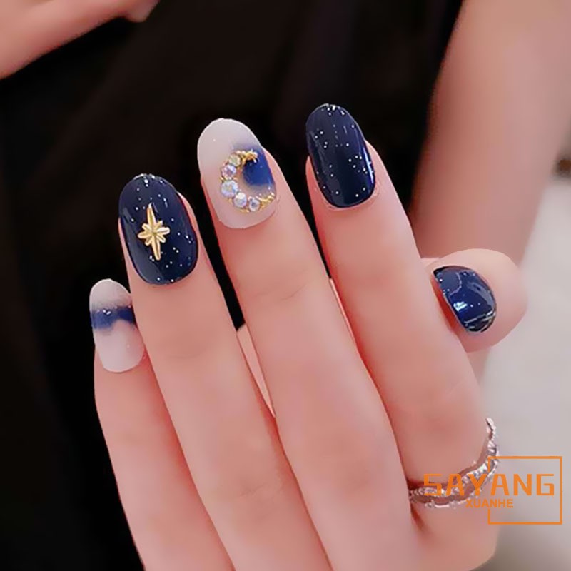 24pcs Set Cute Dark Blue False Nails Star Moon Decor Full Nail Art