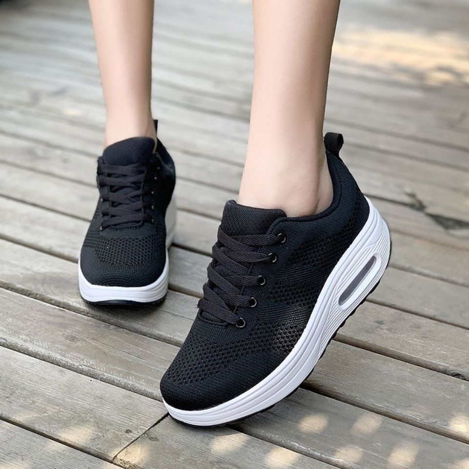 Sneakers For Women Fly Woven Black Rubber Shoes Thick Bottom Slip On