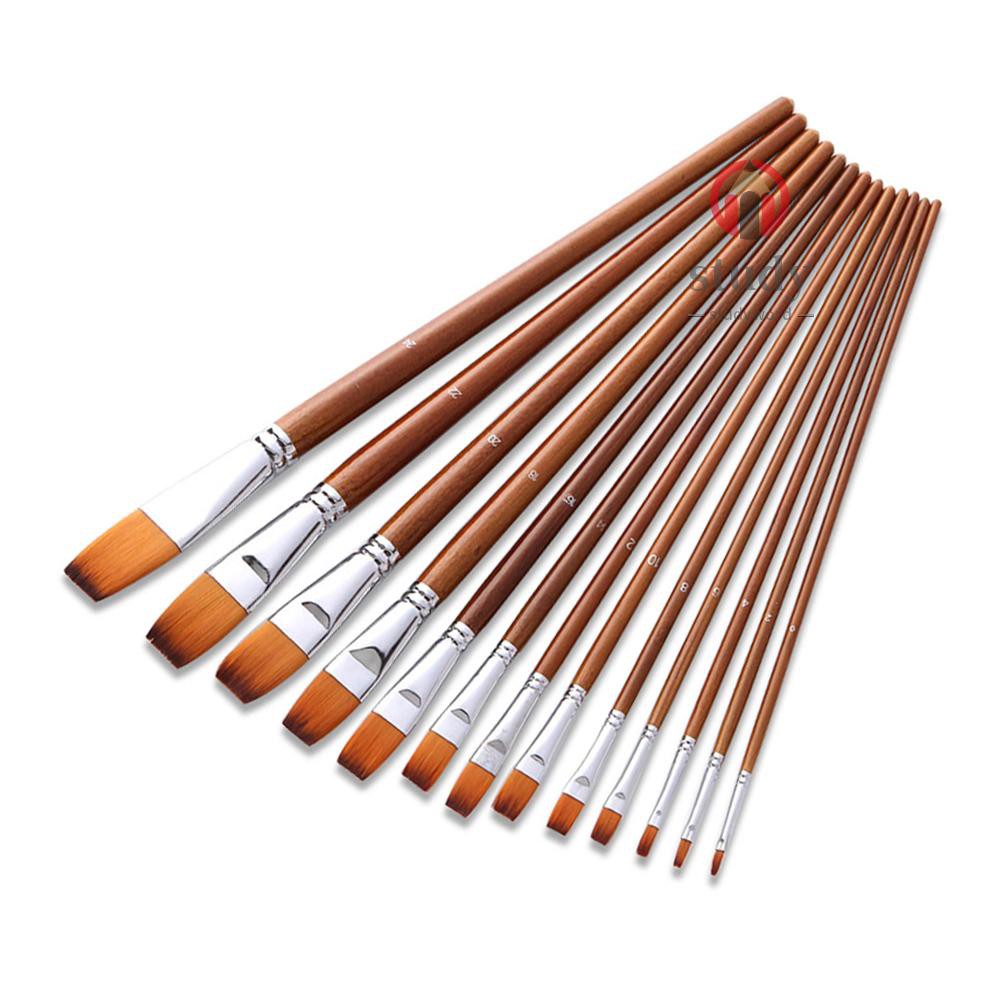<IN STOCK> 13pcs Professional Art Paint Brushes Set Long Wooden Handle Nylon Hair Paintbrush for Acrylic Oil Watercolor Gouache Face Painting Drawing Art Supplies, Angular Tip