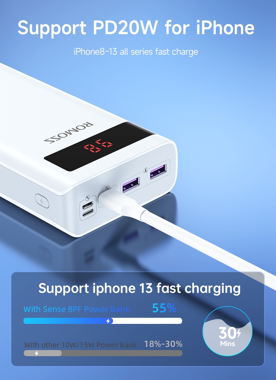 Romoss Sense 8PF 30000mAh Power Bank 22.5w Fast Charge Digital Display ...
