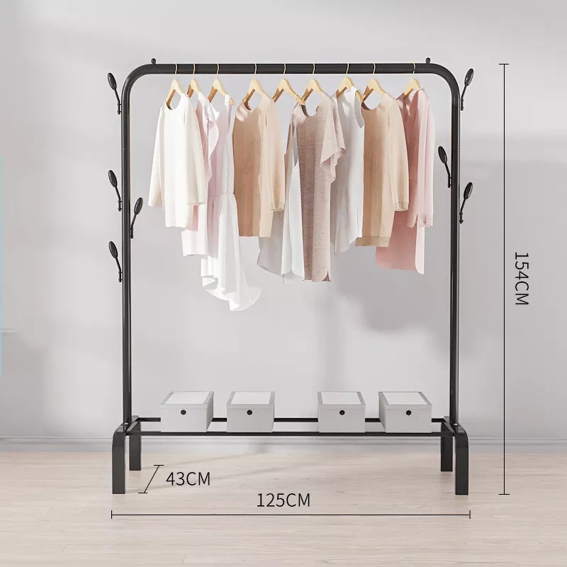 Shelf Standing Clothes Hanger Floor Coat Rack Storage Double Pole