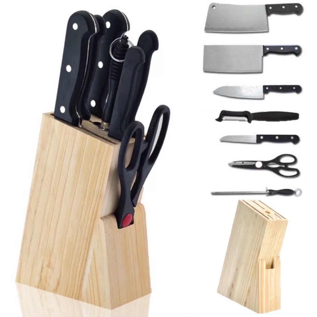 COD 8pcs set Stainless Steel Kitchen Knife Set With Wood Stand Shopee