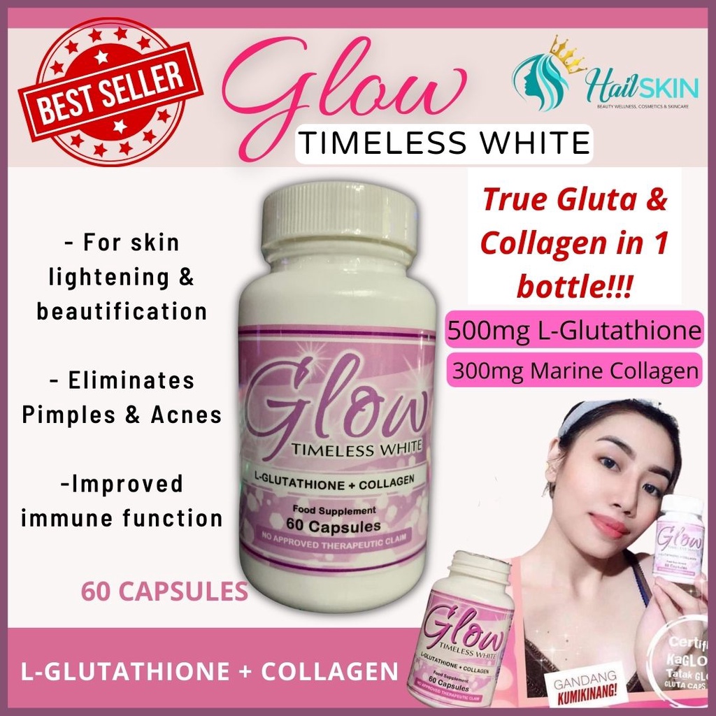 Glow Timeless White, True Gluta & Collagen in 1 bottle, 500mg ...