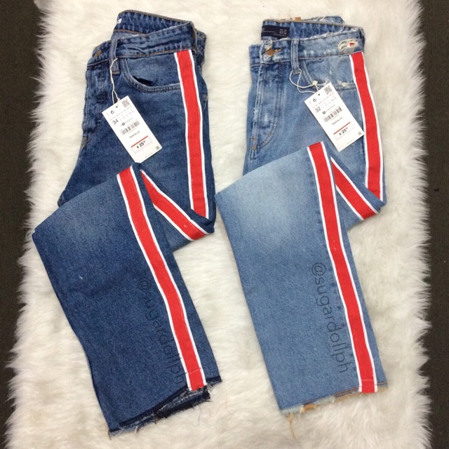 zara jeans with red stripe